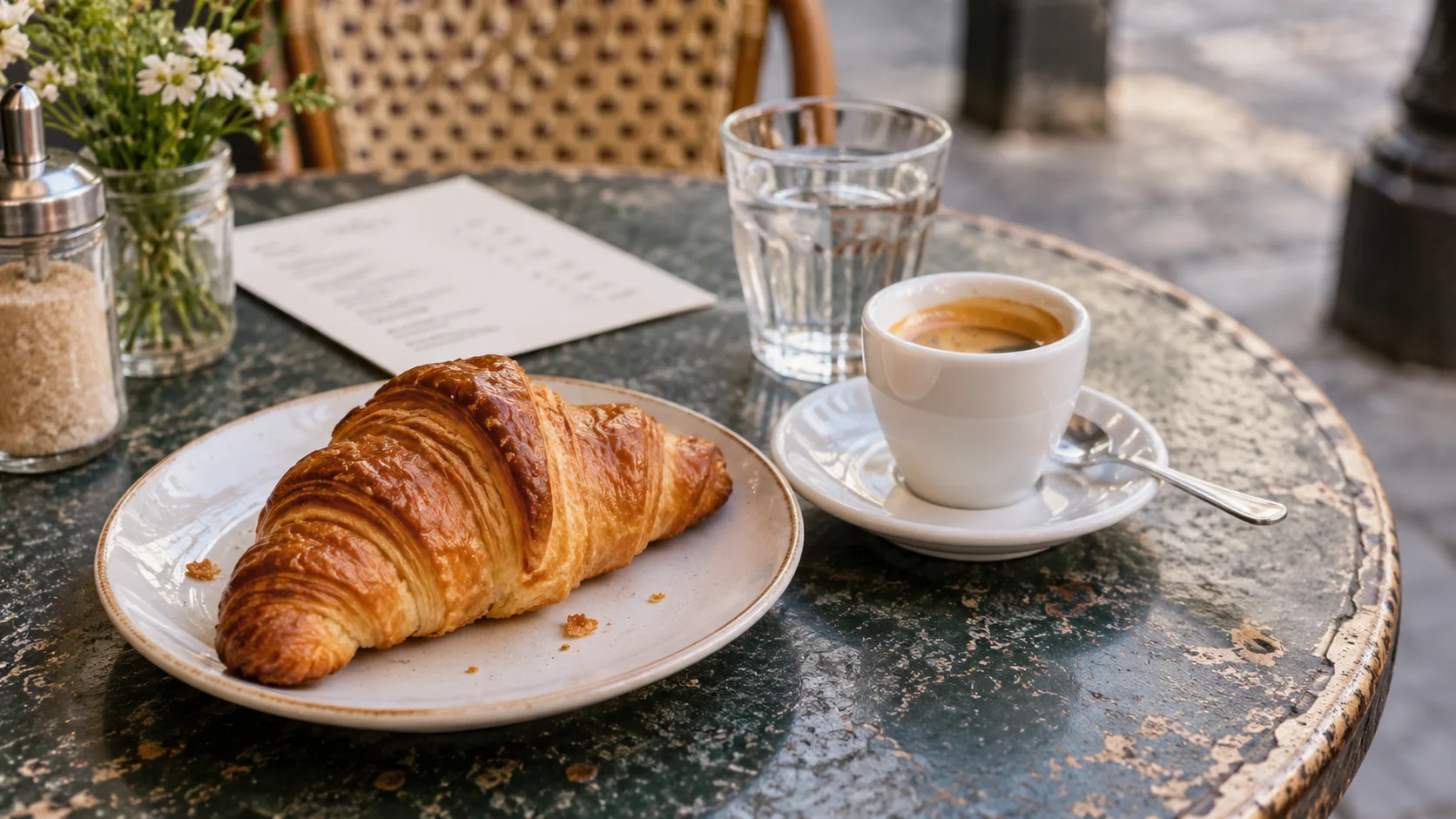 Illustrative French café table with coffee, a croissant, and a menu.