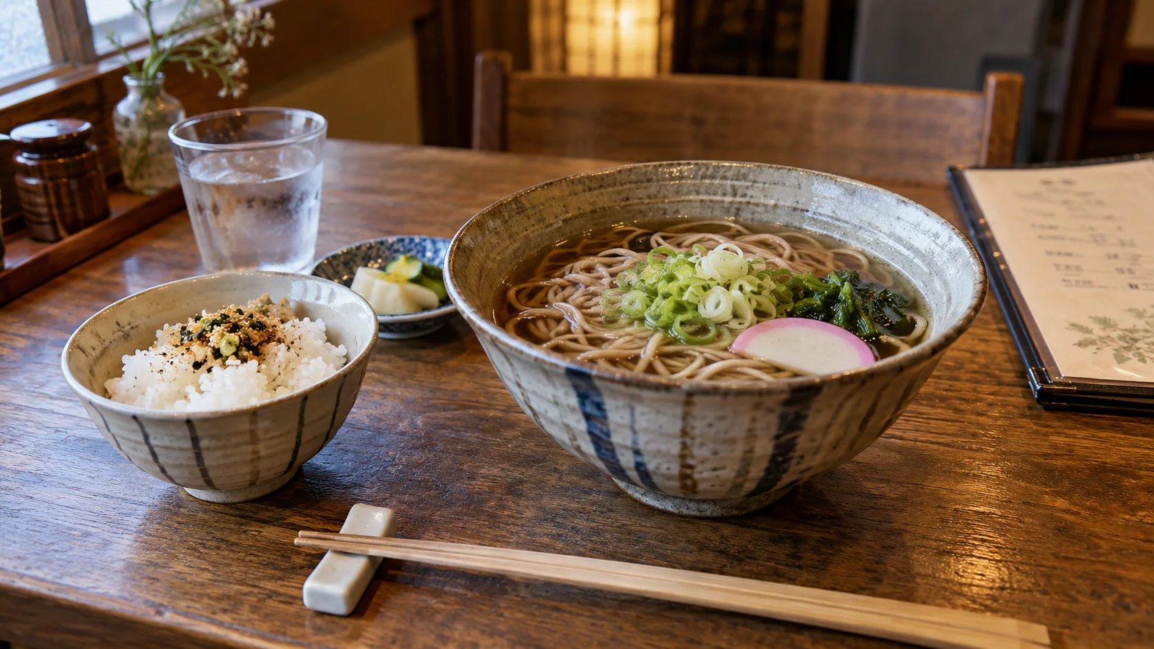 Illustrative restaurant table with soba noodles, rice, and a menu.